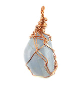 Copper Wire-Wrapped Polished Tumbled Blue Celestite Crystal Pendant with 20" Chain, Handmade #10 | Woot & Hammy